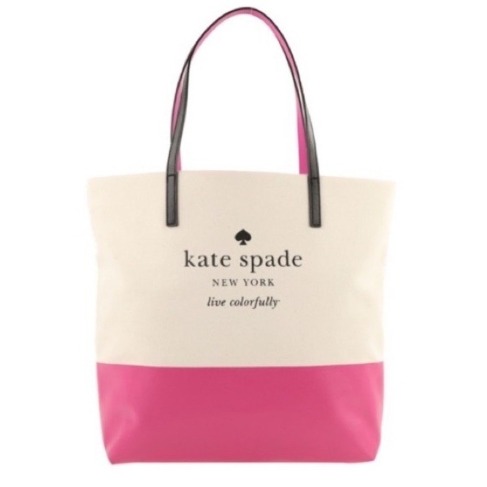 NEW Kate Spade BASIN VIEW Bon Shopper LOGO Tote Bag CANVAS Leather Purse Pink - Picture 2 of 11